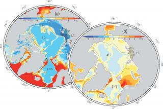 Karte der Ozeantemperaturen am Meeresboden heute und in 100 Jahren.
Grafik: Biastoch et al., IFM-GEOMAR